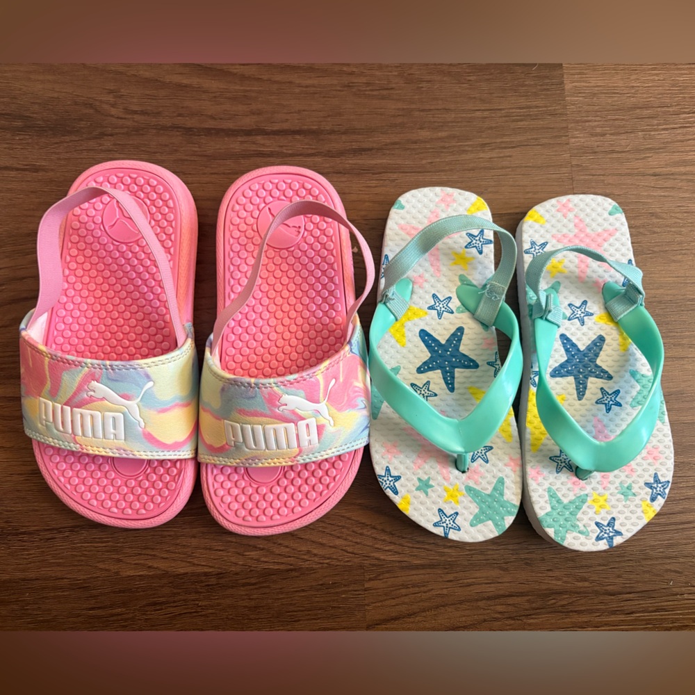 Lot of Puma Pink Sporty Sandals and Starfish Beach Pool Flip Flops NWOT size 10